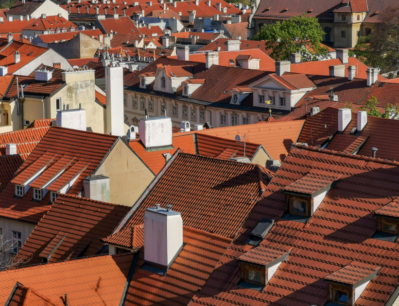 Traditional European roofs finished with clay roof tiles